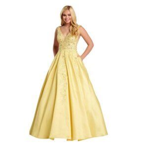 **Prom** Ellie Wilde Bedazzled Deep V-neck Satin A-line Gown